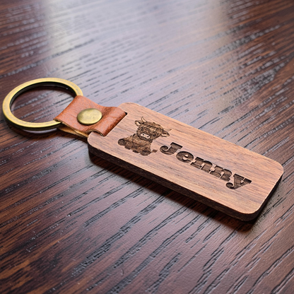 Personalised highland cow wooden bag tag / keyring