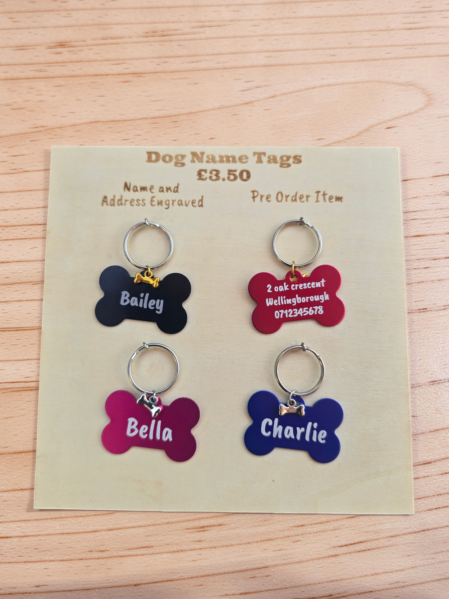 Engraved Dog Name Tags with Bone Charm