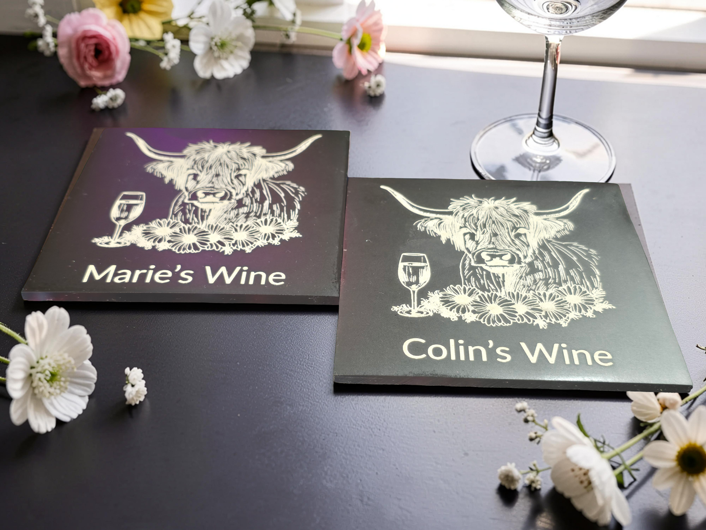 Personalised Highland Cow Coaster with Your Name's Wine Text