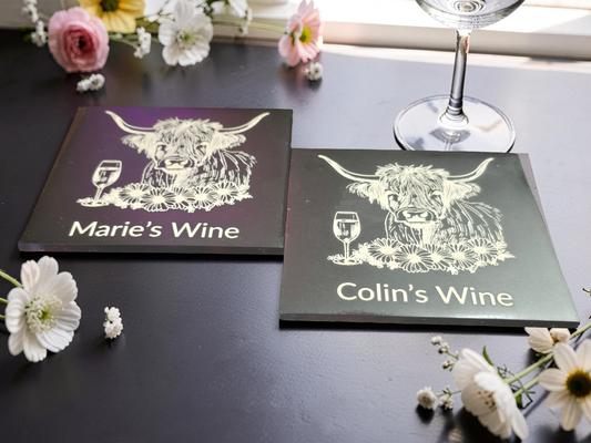 Personalised Highland Cow Coaster with Your Name's Wine Text