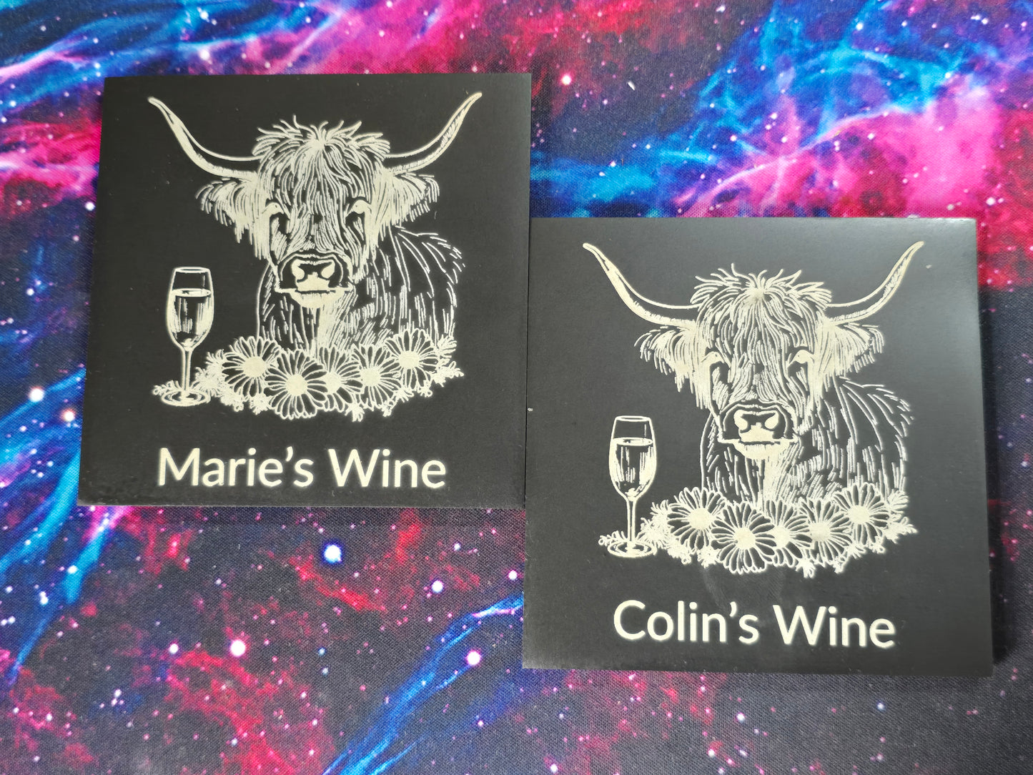 Personalised Highland Cow Coaster with Your Name's Wine Text