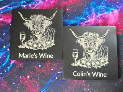Personalised Highland Cow Coaster with Your Name's Wine Text