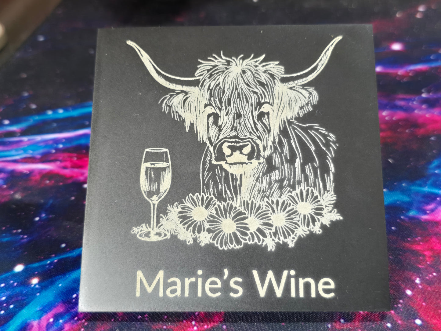 Personalised Highland Cow Coaster with Your Name's Wine Text