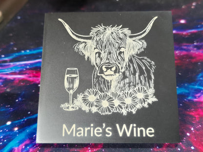 Personalised Highland Cow Coaster with Your Name's Wine Text
