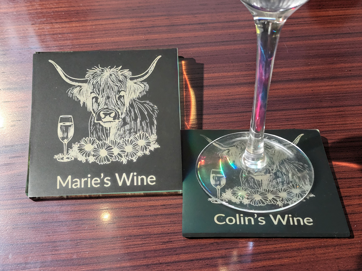 Personalised Highland Cow Coaster with Your Name's Wine Text