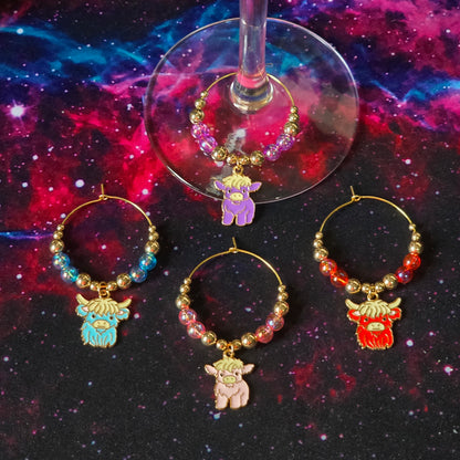Handcrafted Highland Cow Wine Glass Charms | Set of 4