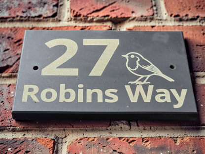 Custom Laser Engraved Slate House Sign with Robin Detail