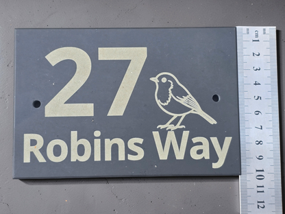 Custom Laser Engraved Slate House Sign with Robin Detail