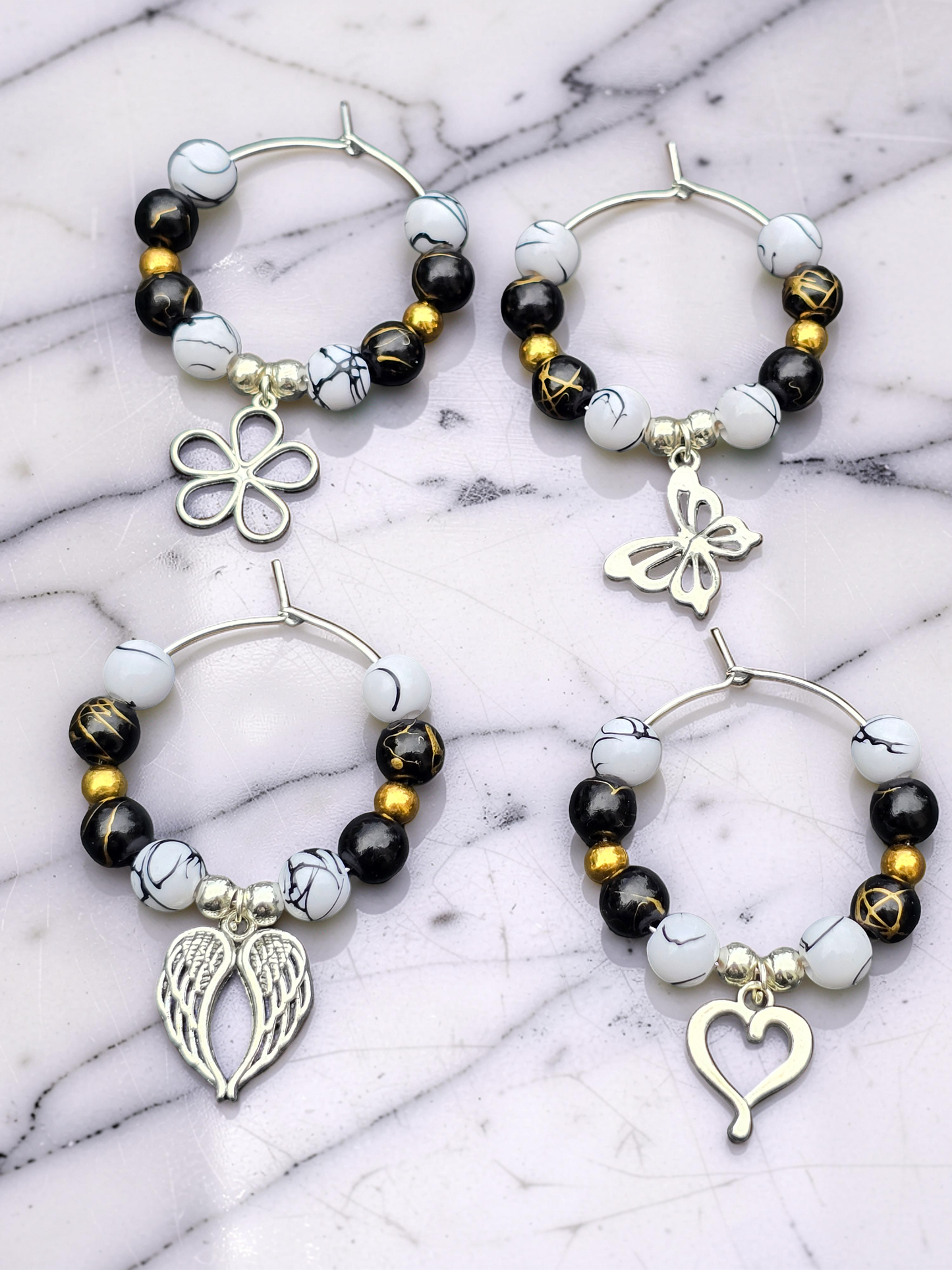 Monochrome & Gold Wine Glass Charms (Set of 4)