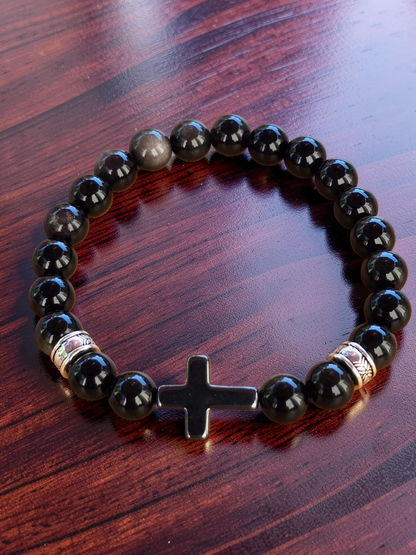 Men’s Polished Black Stone Cross Bracelet & Necklace Set