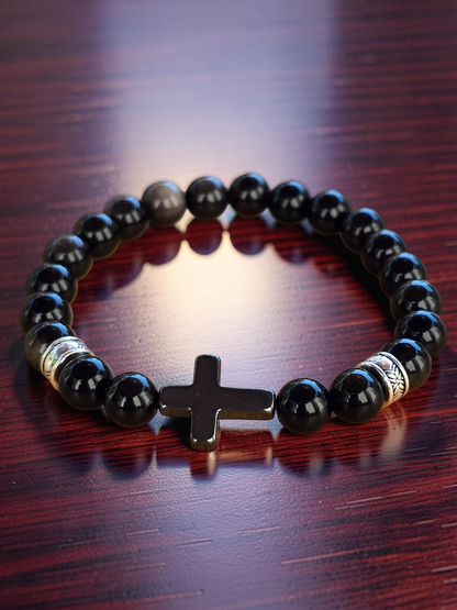 Men’s Polished Black Stone Cross Bracelet & Necklace Set