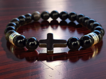 Men’s Polished Black Stone Cross Bracelet & Necklace Set