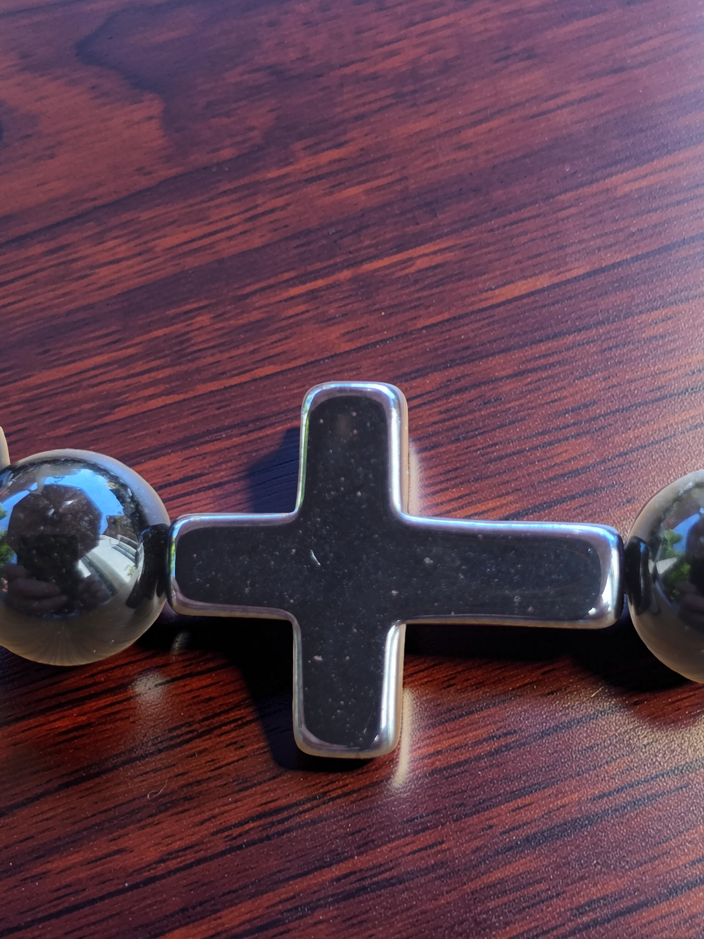 Men’s Polished Black Stone Cross Bracelet & Necklace Set