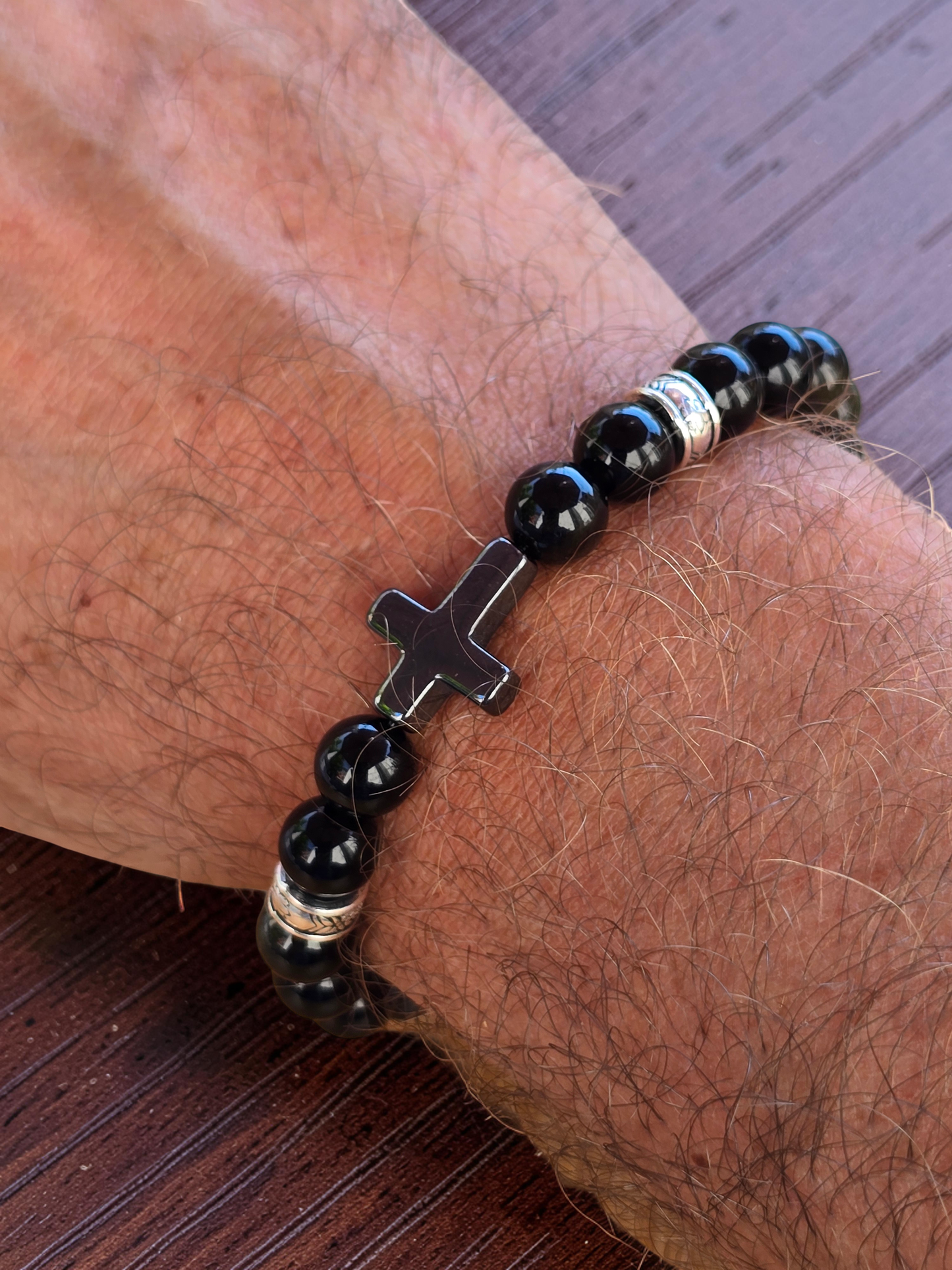 Men’s Polished Black Stone Cross Bracelet & Necklace Set