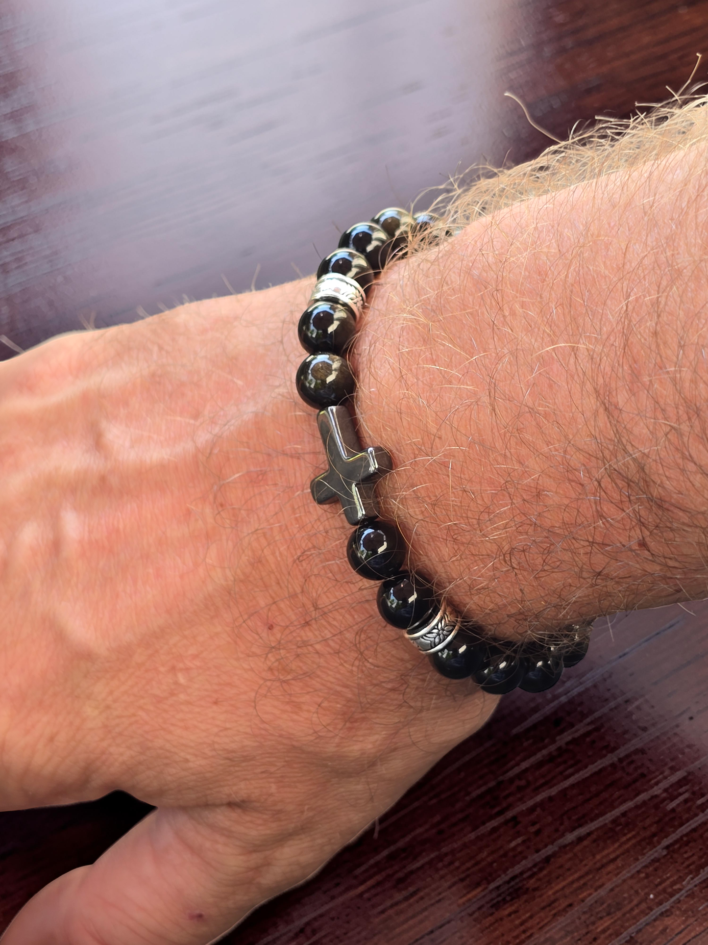 Men’s Polished Black Stone Cross Bracelet & Necklace Set