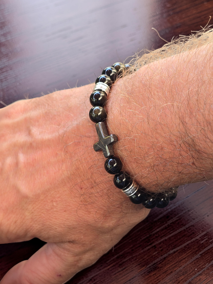 Men’s Polished Black Stone Cross Bracelet & Necklace Set