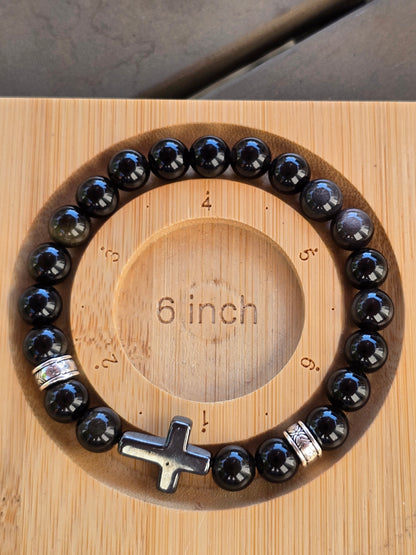 Men’s Polished Black Stone Cross Bracelet & Necklace Set