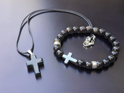 Men’s Polished Black Stone Cross Bracelet & Necklace Set