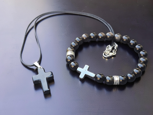 Men’s Polished Black Stone Cross Bracelet & Necklace Set