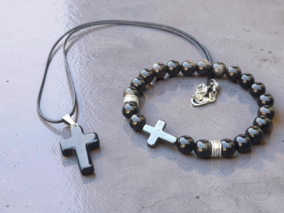 Men’s Polished Black Stone Cross Bracelet & Necklace Set
