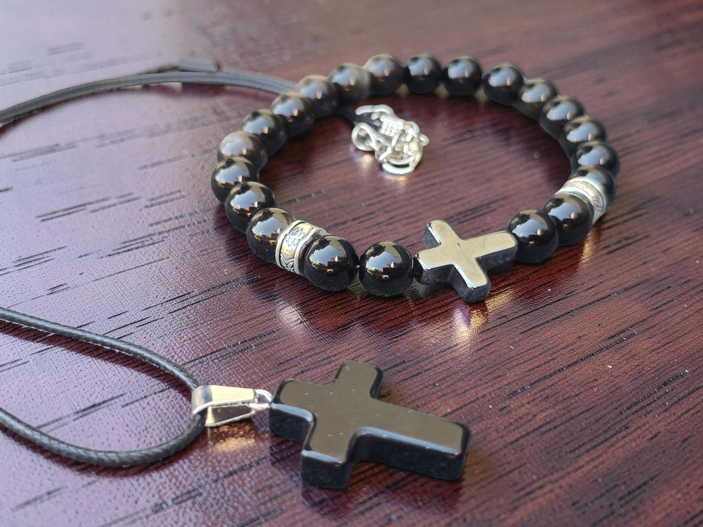 Men’s Polished Black Stone Cross Bracelet & Necklace Set