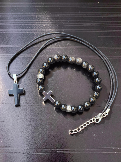 Men’s Polished Black Stone Cross Bracelet & Necklace Set