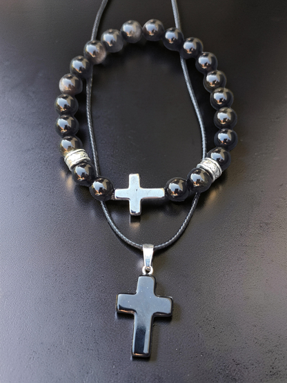 Men’s Polished Black Stone Cross Bracelet & Necklace Set