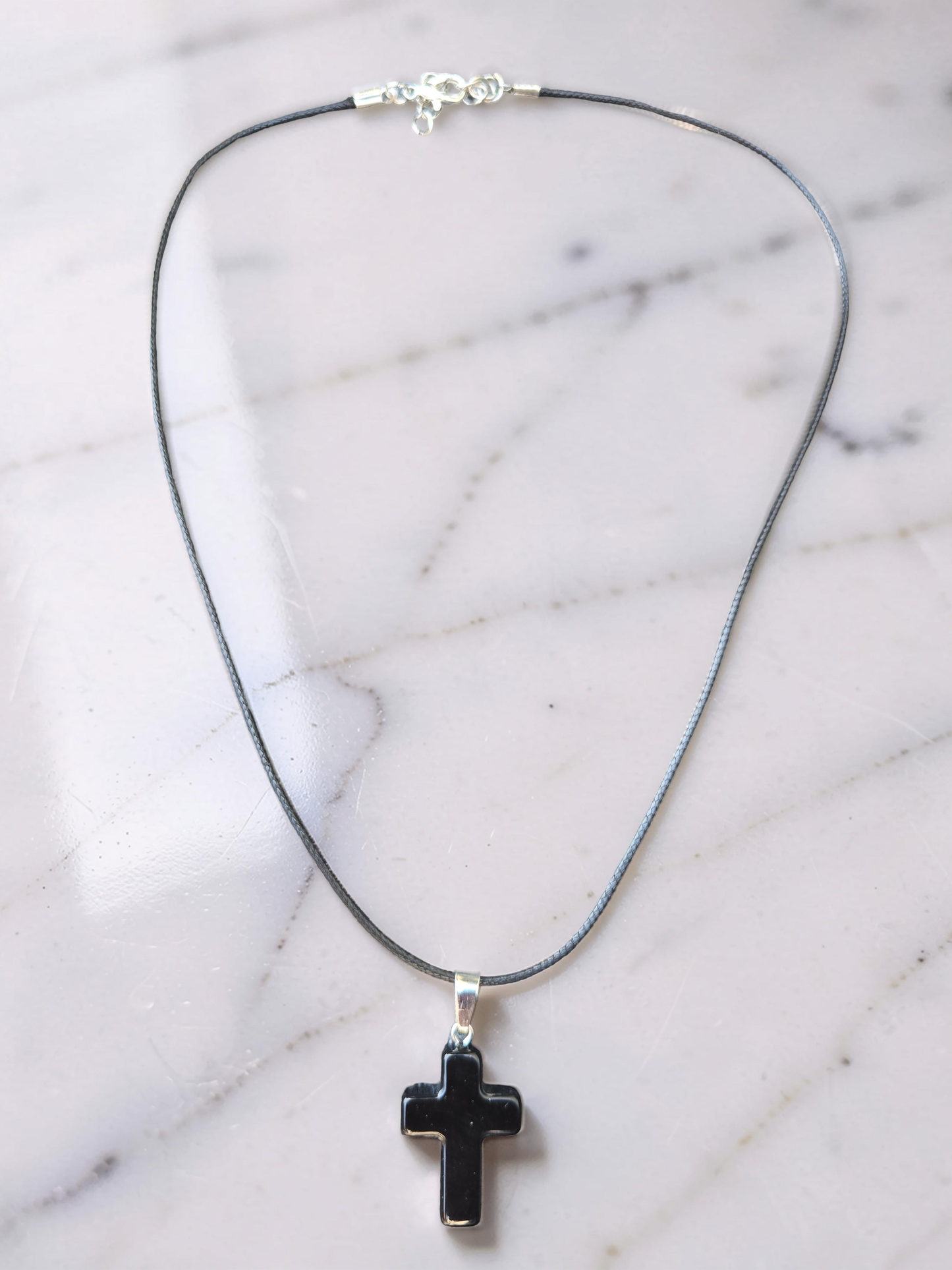 Men’s Polished Black Stone Cross Bracelet & Necklace Set