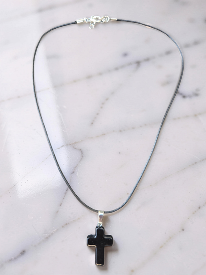 Men’s Polished Black Stone Cross Bracelet & Necklace Set