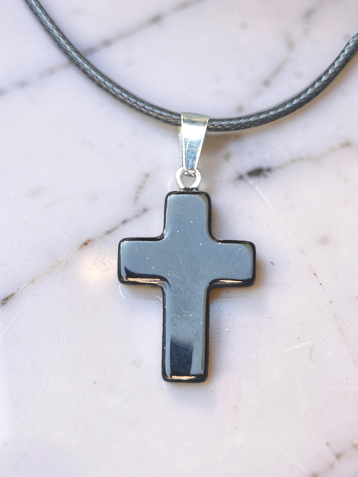 Men’s Polished Black Stone Cross Bracelet & Necklace Set