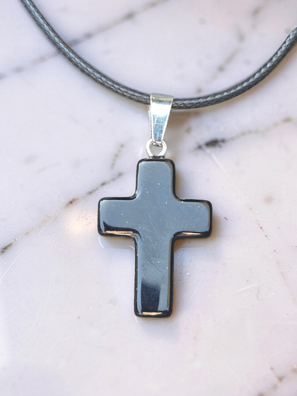 Men’s Polished Black Stone Cross Bracelet & Necklace Set