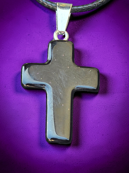 Men’s Polished Black Stone Cross Bracelet & Necklace Set