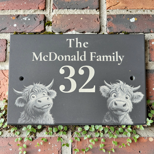 Personalised Highland Cow Family Name Slate House Sign