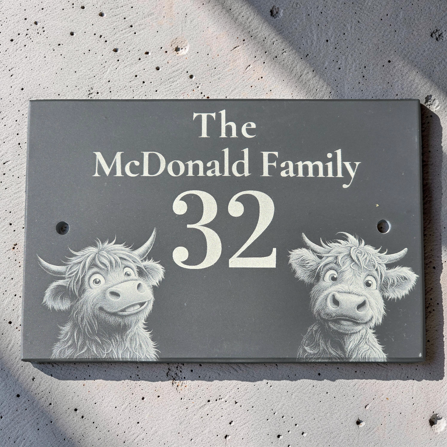 Personalised Highland Cow Family Name Slate House Sign