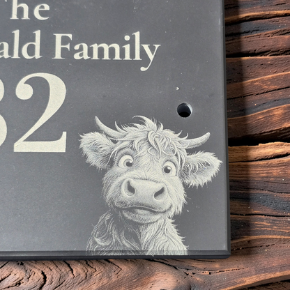 Personalised Highland Cow Family Name Slate House Sign