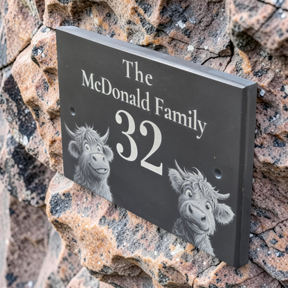 Personalised Highland Cow Family Name Slate House Sign