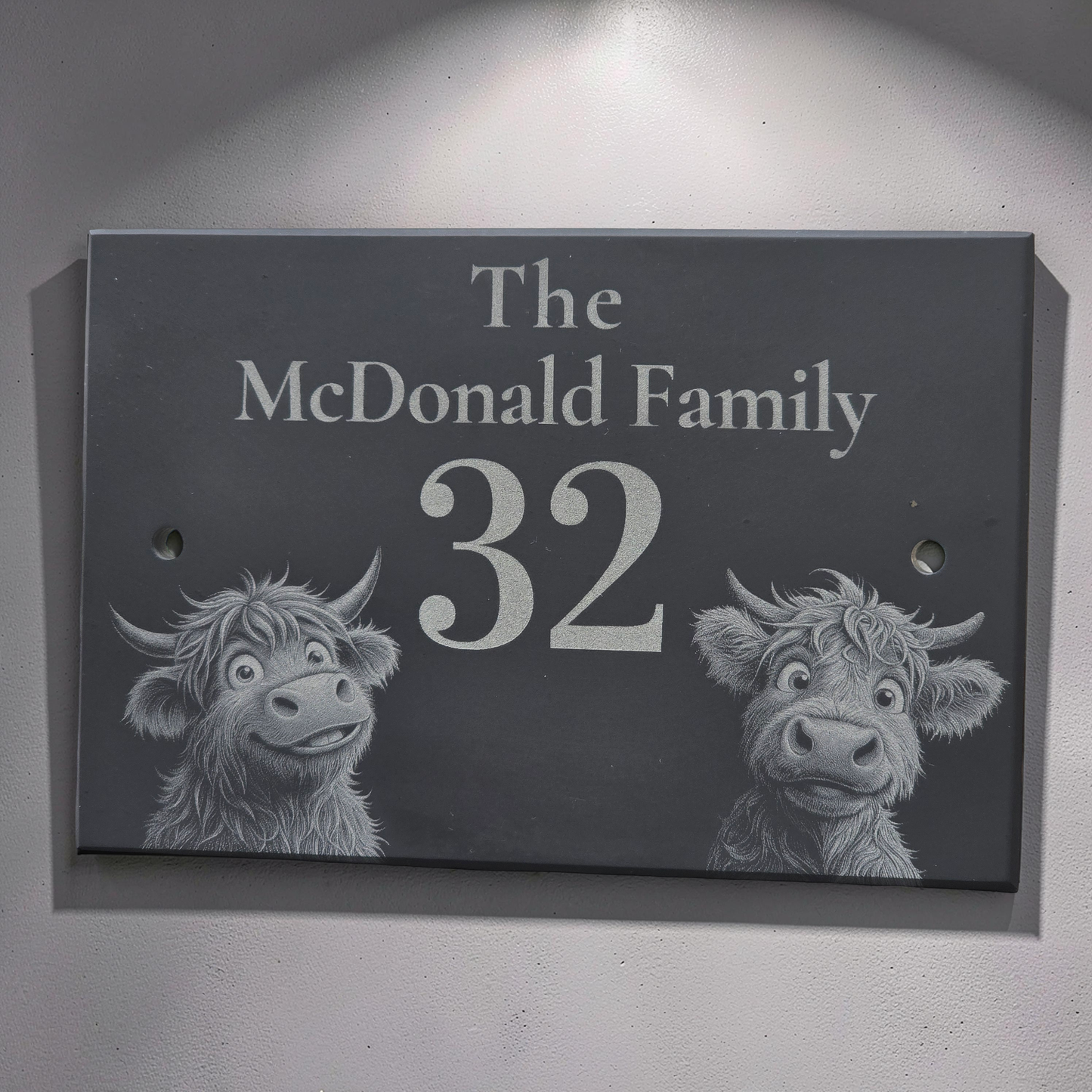 Personalised Highland Cow Family Name Slate House Sign