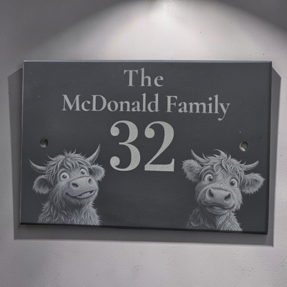 Personalised Highland Cow Family Name Slate House Sign