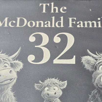 Personalised Highland Cow Family Name Slate House Sign