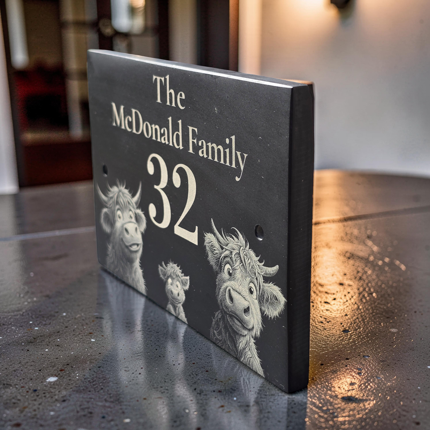 Personalised Highland Cow Family Name Slate House Sign