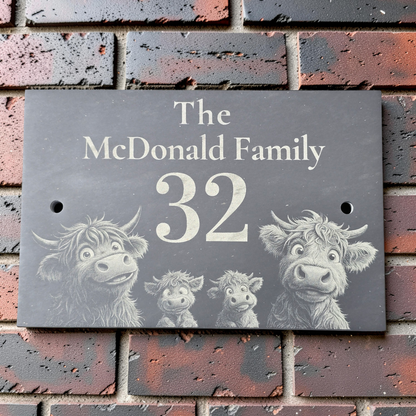 Personalised Highland Cow Family Name Slate House Sign