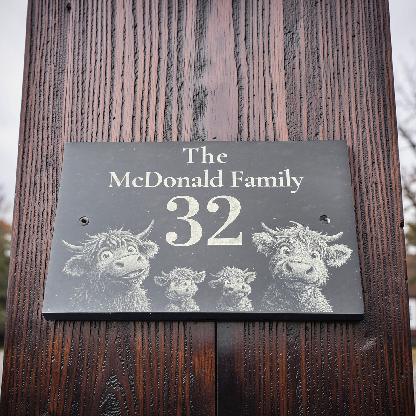 Personalised Highland Cow Family Name Slate House Sign