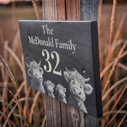 Personalised Highland Cow Family Name Slate House Sign