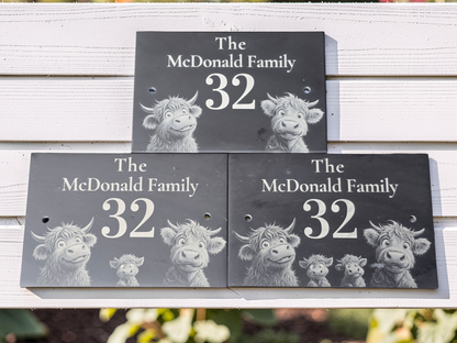 Personalised Highland Cow Family Name Slate House Sign