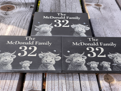 Personalised Highland Cow Family Name Slate House Sign