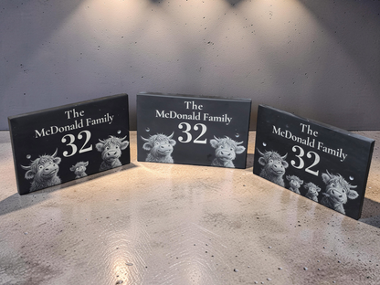 Personalised Highland Cow Family Name Slate House Sign