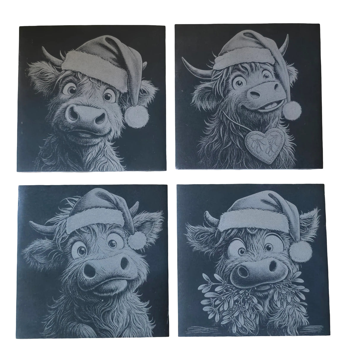 Christmas Highland Cow Slate Coasters Set of 4