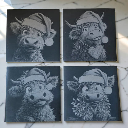 Christmas Highland Cow Slate Coasters Set of 4