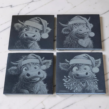Christmas Highland Cow Slate Coasters Set of 4