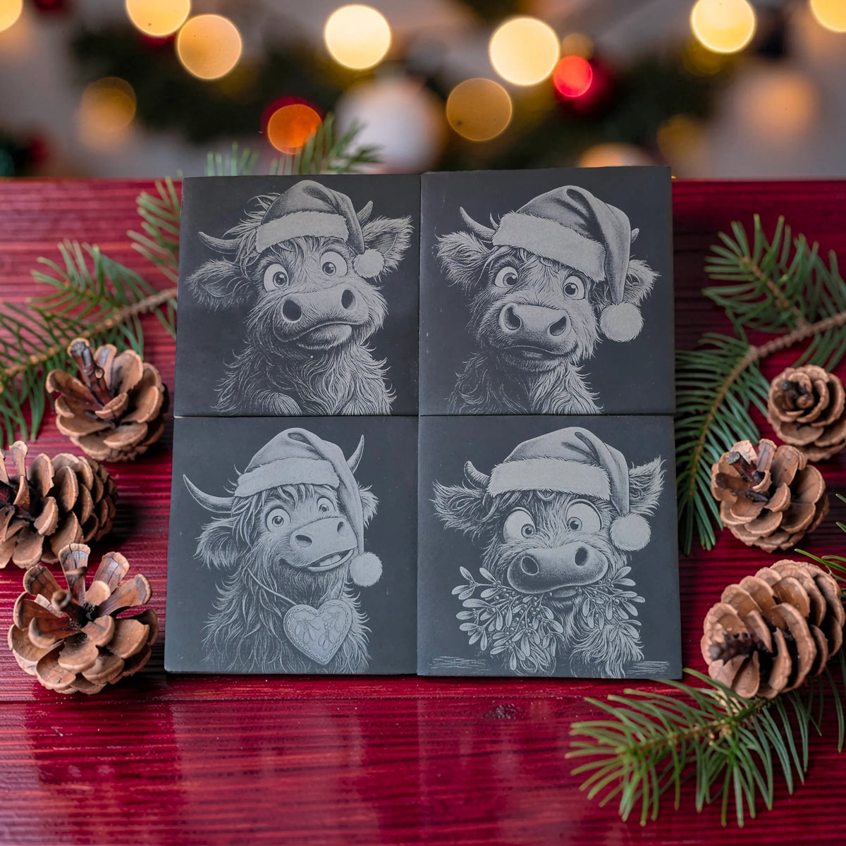 Christmas Highland Cow Slate Coasters Set of 4